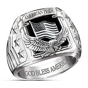 Handcrafted American Pride God Bless Eagle Punk Band Hip Hop Logo Silver Ring